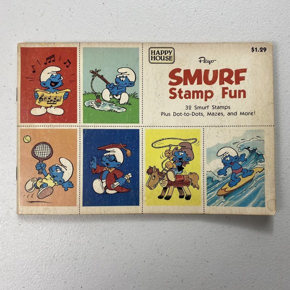 Vintage Smurf Stamp Fun 32 Stamps Puzzles Happy House Booklet - Picture 1 of 4